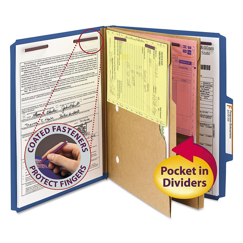 Smead 6-Section Pressboard Top Tab Pocket Classification Folders, 6 SafeSHIELD Fasteners, 2 Dividers, Letter Size, Dark Blue, 10/BX (SMD14077)