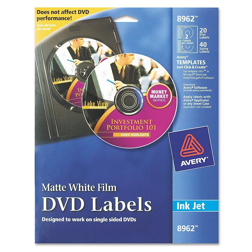 Avery Inkjet DVD Labels, Matte White, 20/Pack (AVE8962)