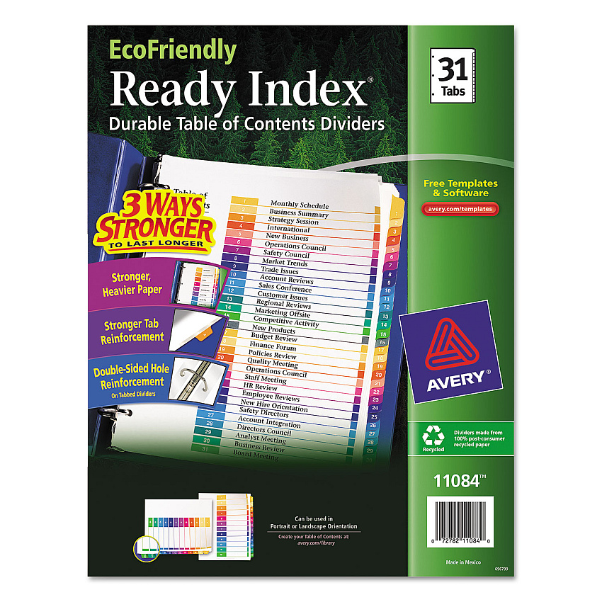 Avery Customizable Table of Contents Ready Index Dividers with Multicolor Tabs, 31-Tab, 1 to 31, 11 x 8.5, White, 1 Set (AVE11084)