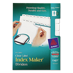 Avery Print and Apply Index Maker Clear Label Dividers with Label Strip/White Tabs, 7-Hole Punched, 8-Tab, 8.5 x 5.5, White, 1 Set (AVE11427)