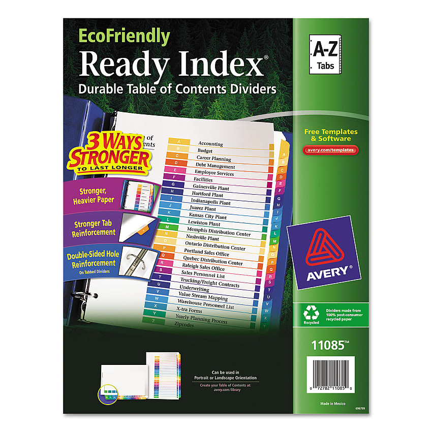 Avery Customizable Table of Contents Ready Index Dividers with Multicolor Tabs, 26-Tab, A to Z, 11 x 8.5, White, 1 Set (AVE11085)