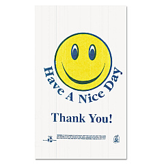 Barnes Paper Smiley Face Shopping Bags, Thank You - Have a Nice Day Labeling, Cut-Out Handles, 11.5" x 6.5" x 21", White/Red, 900/Carton (BPCT16SMILEY)
