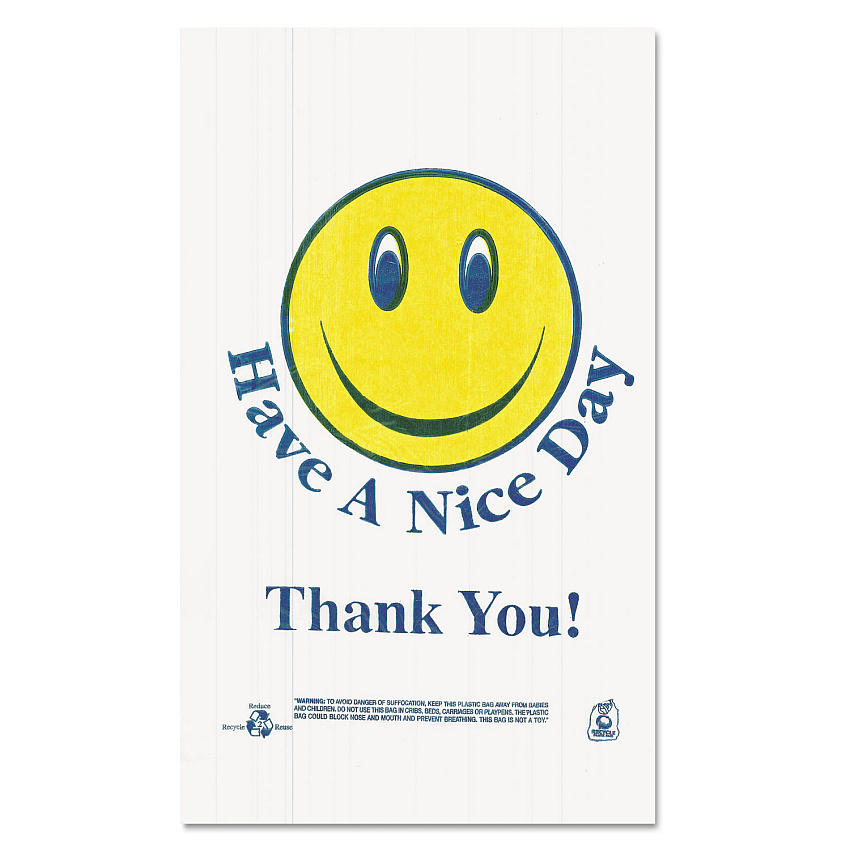 Barnes Paper Smiley Face Shopping Bags, Thank You - Have a Nice Day Labeling, Cut-Out Handles, 11.5" x 6.5" x 21", White/Red, 900/Carton (BPCT16SMILEY)