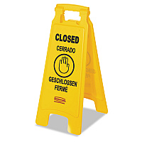 Rubbermaid Commercial Multilingual "Closed" Sign, 2-Sided, 11 x 12 x 25, Yellow (RCP611278YEL)