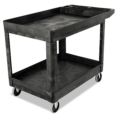 Rubbermaid Commercial Heavy-Duty Utility Cart with Lipped Shelves, Plastic, 2 Shelves, 500 lb Capacity, 25.78" x 45.25" x 33.25", Black (RCP452089BLA)