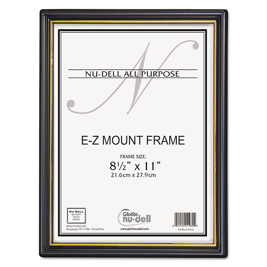 NuDell EZ Mount Document Frame with Trim Accent and Plastic Face, Plastic, 8.5 x 11 Insert, Black/Gold, 18/Carton (NUD11818)