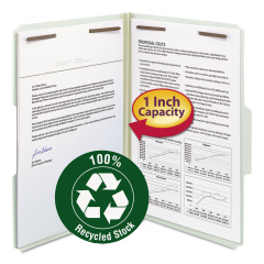 Smead Recycled Pressboard Fastener Folders, 1" Expansion, 2 Fasteners, Legal Size, Gray-Green Exterior, 25/Box (20003)