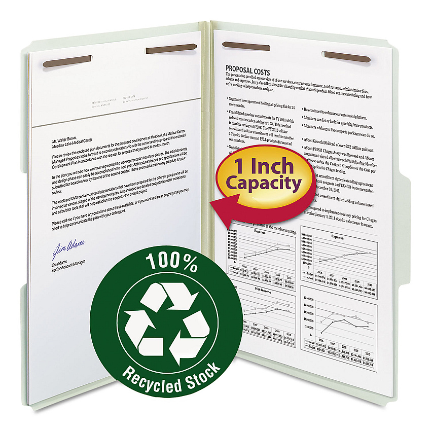 Smead Recycled Pressboard Fastener Folders, 1" Expansion, 2 Fasteners, Legal Size, Gray-Green Exterior, 25/Box (SMD20003)