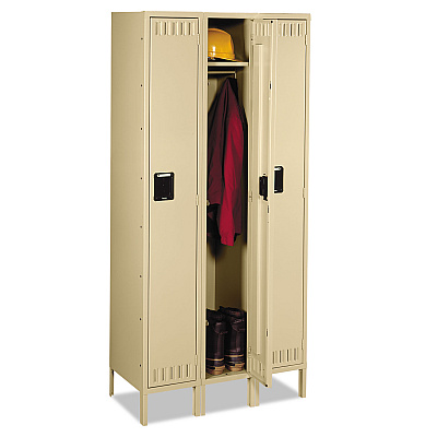 Tennsco Single-Tier Locker with Legs, Three Lockers with Hat Shelves and Coat Rods, 36w x 18d x 78h, Sand (TNNSTS1218723SD)