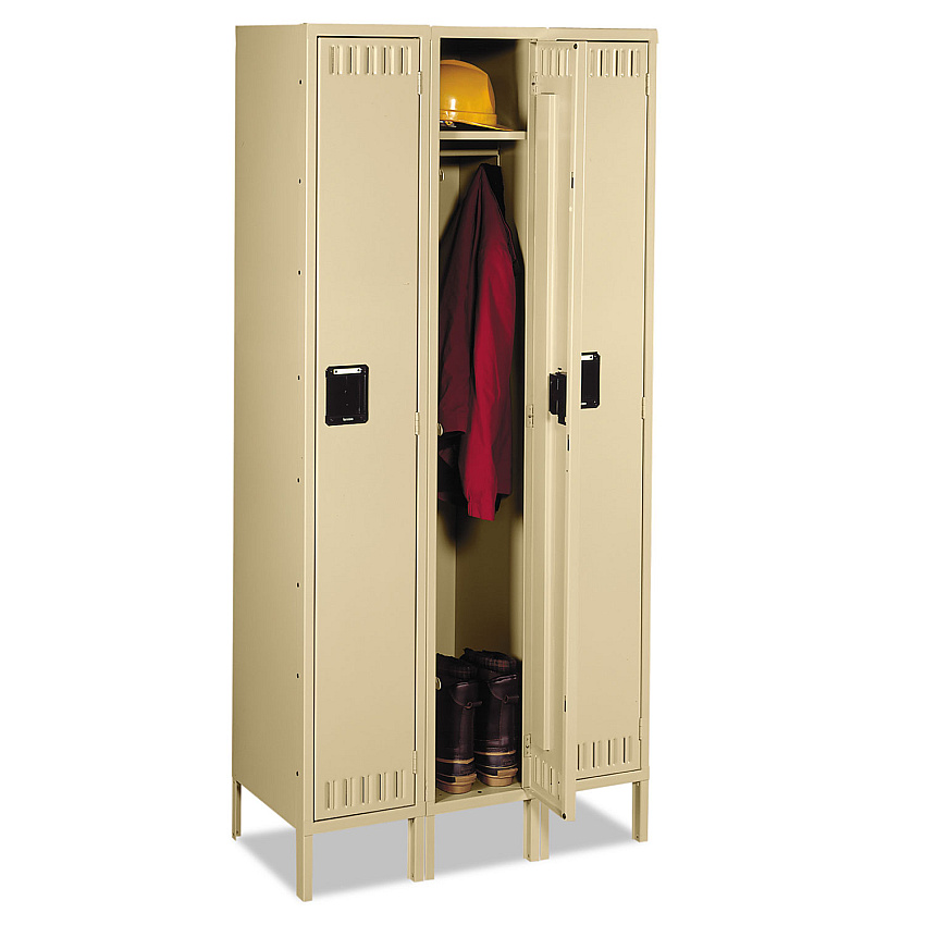 Tennsco Single-Tier Locker with Legs, Three Lockers with Hat Shelves and Coat Rods, 36w x 18d x 78h, Sand (TNNSTS1218723SD)