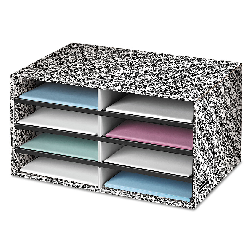 Bankers Box Decorative Sorter, 8 Letter Compartments, 19.5 x 12.38 x 10.25, Black/White Brocade (FEL6171301)