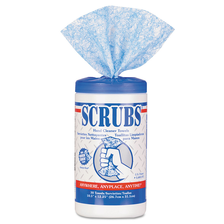 SCRUBS Hand Cleaner Towels, 1-Ply, 10 x 12, Citrus, Blue/White, 30/Canister (ITW42230)