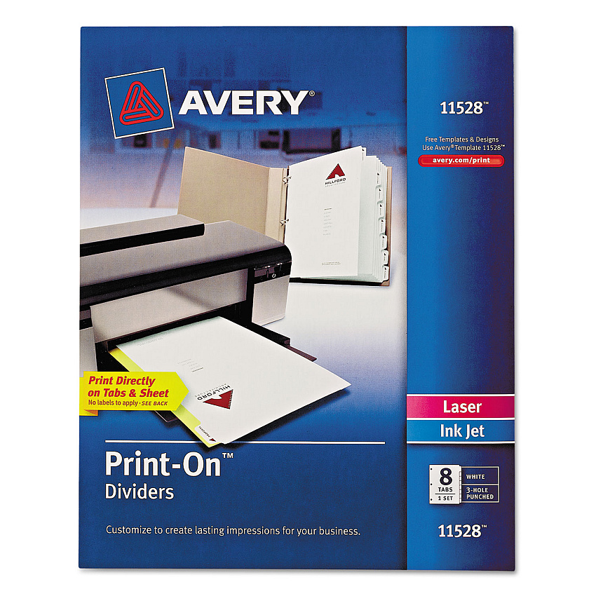 Avery Customizable Print-On Dividers, 3-Hole Punched, 8-Tab, 11 x 8.5, White, 1 Set (AVE11528)