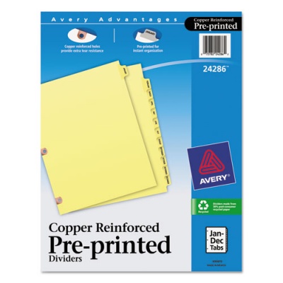 Avery Preprinted Laminated Tab Dividers with Copper Reinforced Holes, 12-Tab, Jan. to Dec., 11 x 8.5, Buff, 1 Set (24286)
