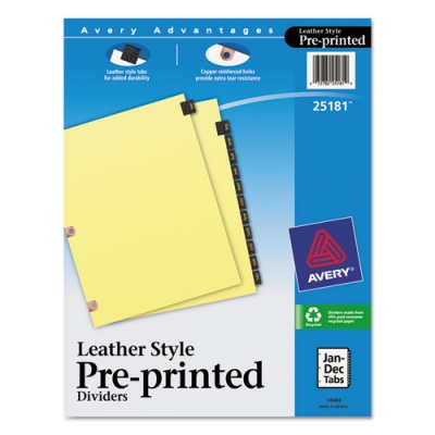 Avery Preprinted Black Leather Tab Dividers w/Copper Reinforced Holes, 12-Tab, Letter (25181)