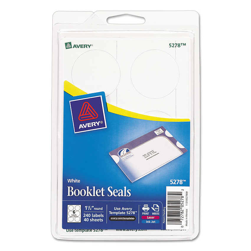 Avery Printable Mailing Seals, 1.5" dia, White, 6/Sheet, 40 Sheets/Pack (AVE5278)