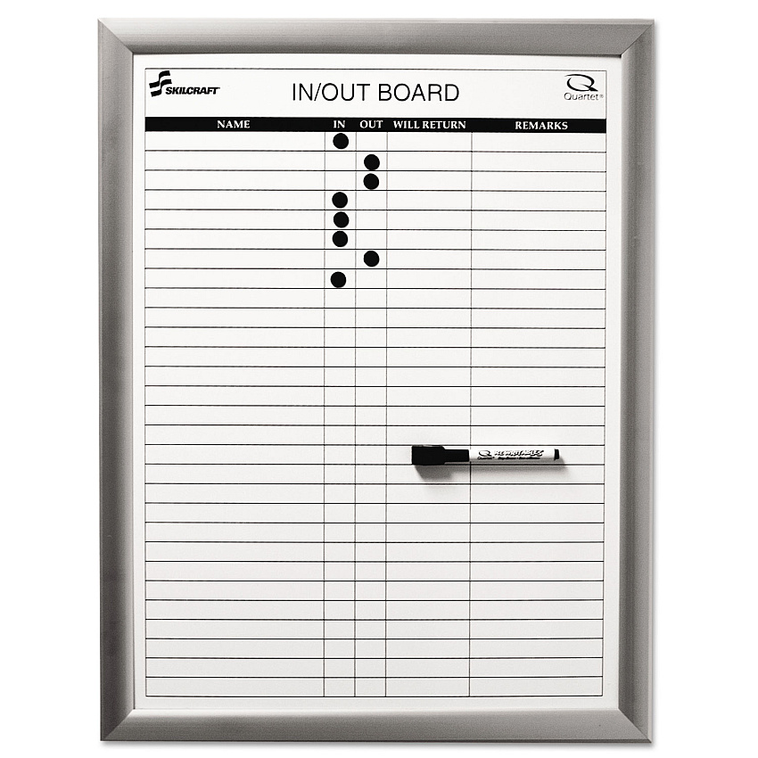 AbilityOne 7110015680403, SKILCRAFT Magnetic In/Out Board, Up to 29 Employees, 18 x 24, White Surface, Anodized Aluminum Frame