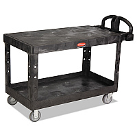 Rubbermaid Commercial Heavy-Duty Utility Cart with Flat Shelves, Plastic, 2 Shelves, 500 lb Capacity, 25.25" x 54" x 36", Black (RCP4545BLA)