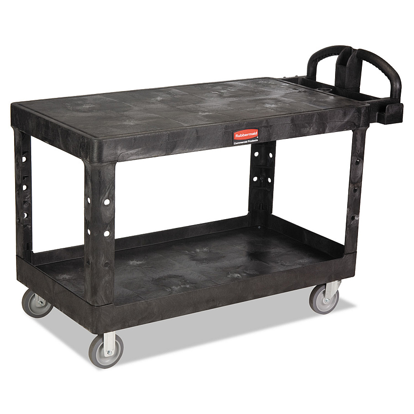 Rubbermaid Commercial Heavy-Duty Utility Cart with Flat Shelves, Plastic, 2 Shelves, 500 lb Capacity, 25.25" x 54" x 36", Black (RCP4545BLA)
