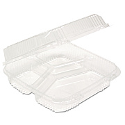 Pactiv Evergreen ClearView SmartLock Hinged Lid Container, 3-Compartment, 5 oz/14 oz, 8.2 x 8.34 x 2,91, Clear, Plastic, 200/Carton (PCTYCI81123)