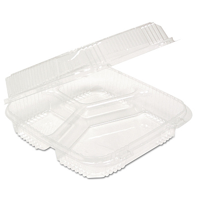 Pactiv Evergreen ClearView SmartLock Hinged Lid Container, 3-Compartment, 5 oz/14 oz, 8.2 x 8.34 x 2,91, Clear, Plastic, 200/Carton (PCTYCI81123)