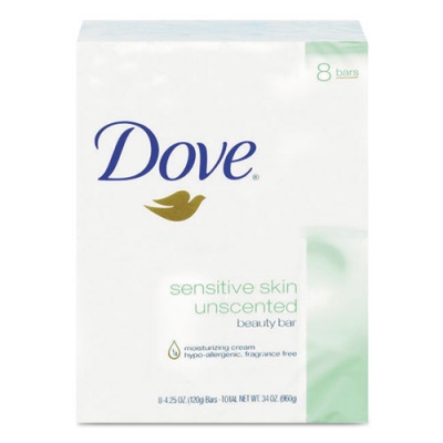 Dove Sensitive Skin Bath Bar, Unscented, 4.5 oz Bar, 8 Bars/Pack, 9 Packs/Carton (CB613789)