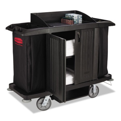 Rubbermaid Commercial Full-Size Housekeeping Cart with Doors, Plastic, 3 Shelves, 2 Bins, 22" x 60" x 50", Black (6191BLA)