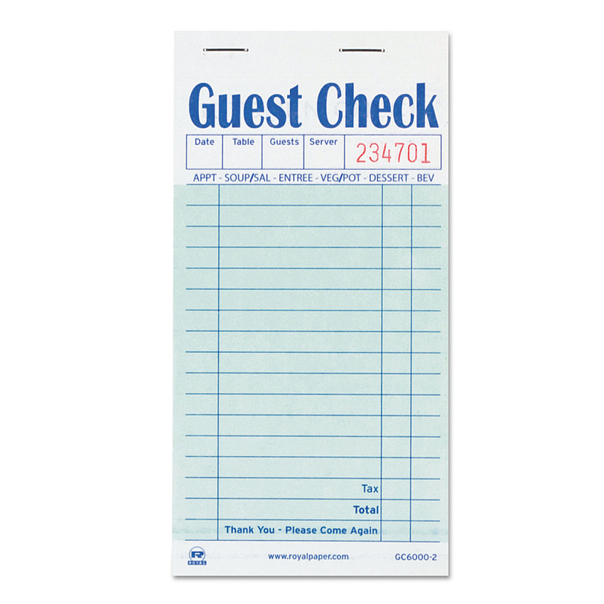 AmerCareRoyal Guest Check Pad, 17 Lines, Two-Part Carbon, 3.5 x 6.7, 50 Forms/Pad, 50 Pads/Carton (RPPGC60002)