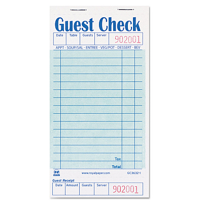 AmerCareRoyal Guest Check Pad with Ruled Back, 15 Lines, One-Part (No Copies), 3.5 x 6.7, 50 Forms/Pad, 50 Pads/Carton (RPPGC36321)