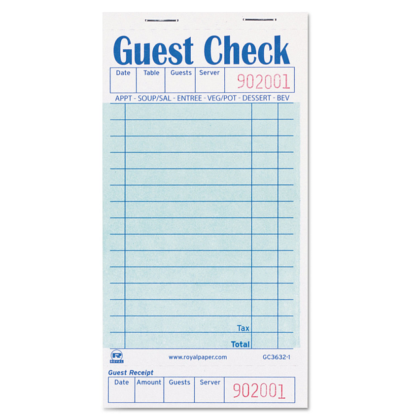AmerCareRoyal Guest Check Pad with Ruled Back, 15 Lines, One-Part (No Copies), 3.5 x 6.7, 50 Forms/Pad, 50 Pads/Carton (RPPGC36321)