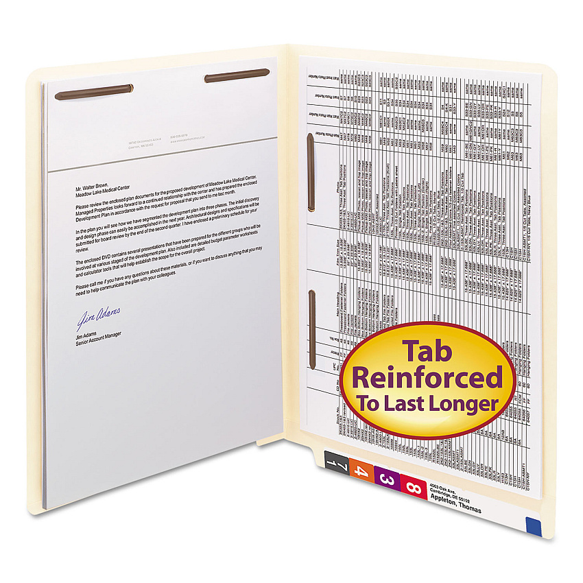 Smead End Tab Fastener Folders with Reinforced Straight Tabs, 11-pt Manila, 2 Fasteners: Top/Side, Letter Size, Manila, 50/Box (SMD34120)