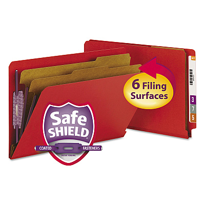 Smead End Tab Pressboard Classification Folders, Six SafeSHIELD Fasteners, 2" Expansion, 2 Dividers, Legal Size, Bright Red, 10/Box (SMD29783)