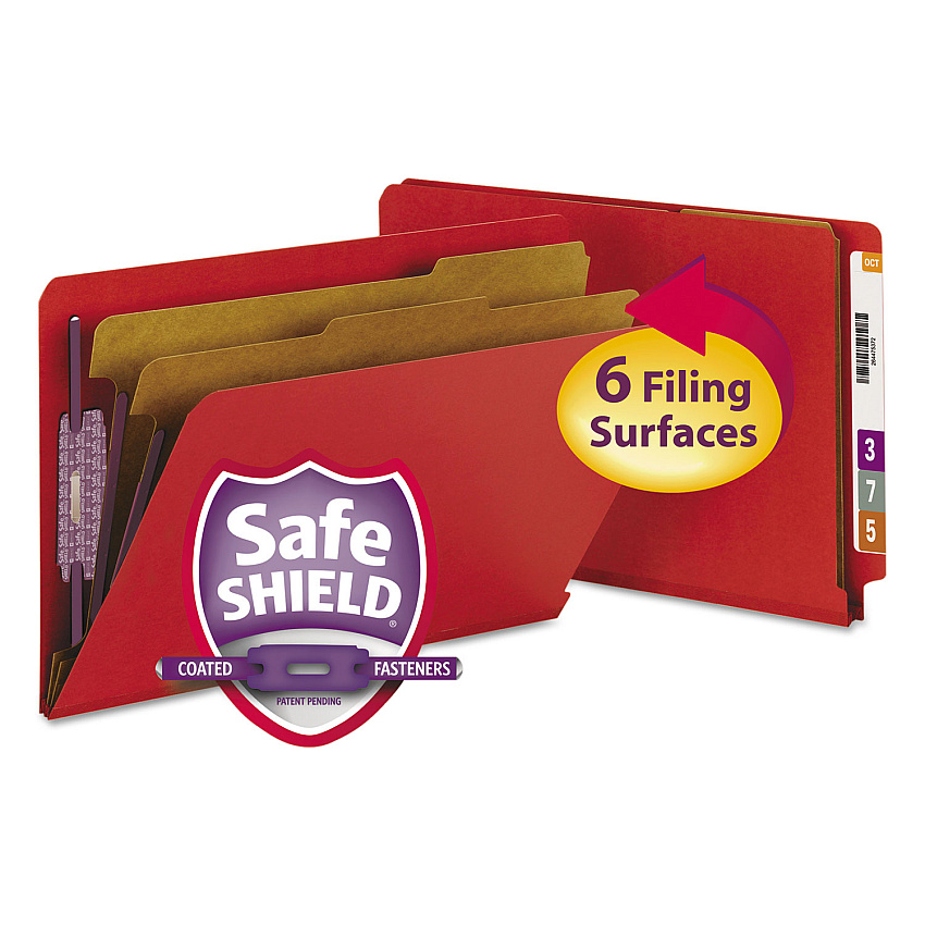 Smead End Tab Pressboard Classification Folders, Six SafeSHIELD Fasteners, 2" Expansion, 2 Dividers, Legal Size, Bright Red, 10/Box (SMD29783)