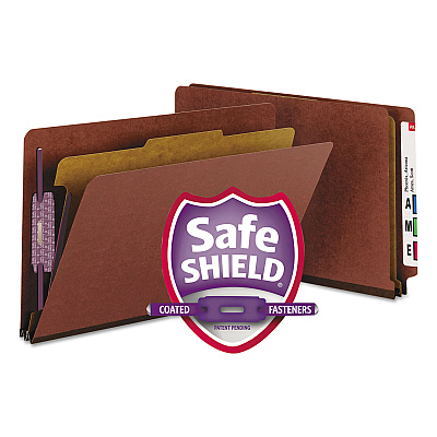 Smead End Tab Pressboard Classification Folders, Four SafeSHIELD Fasteners, 2" Expansion, 1 Divider, Legal Size, Red, 10/Box (SMD29855)