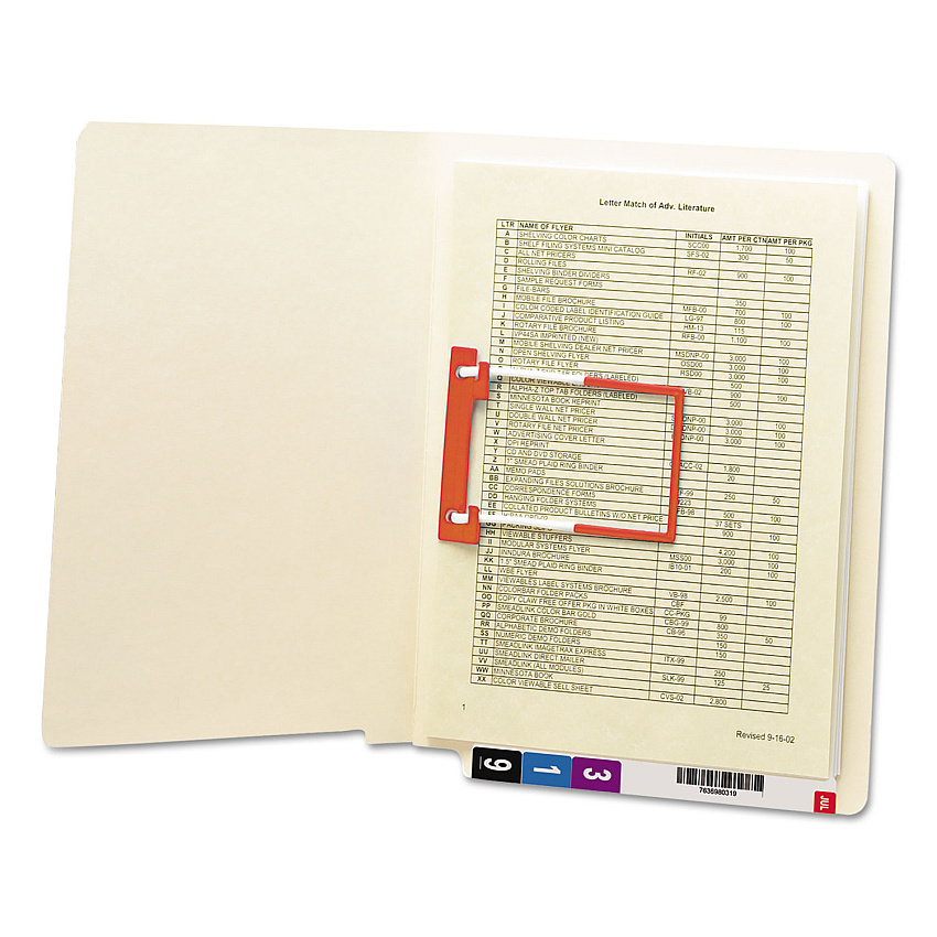Smead Heavyweight Manila Reinforced End Tab U-Clip Fastener Folders, 0.75" Expansion, 1 Fastener, Letter Size, Manila, 50/Box (SMD34112)