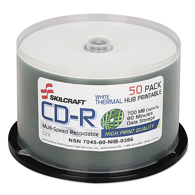 AbilityOne 7045016269521, SKILCRAFT CD-R Recordable Disc, 700 MB/80 min, 52x, Spindle, White, 50/Pack