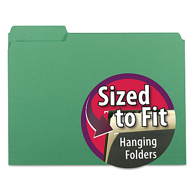 Smead Interior File Folders, 1/3-Cut Tabs: Assorted, Letter Size, 0.75" Expansion, Green, 100/Box (SMD10247)
