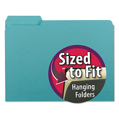 Smead Interior File Folders, 1/3-Cut Tabs: Assorted, Letter Size, 0.75" Expansion, Aqua, 100/Box (SMD10235)