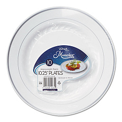 WNA Masterpiece Plastic Plates, 10.25" dia, White/Silver, 10/Pack, 12 Packs/Carton (WNARSM101210WS)