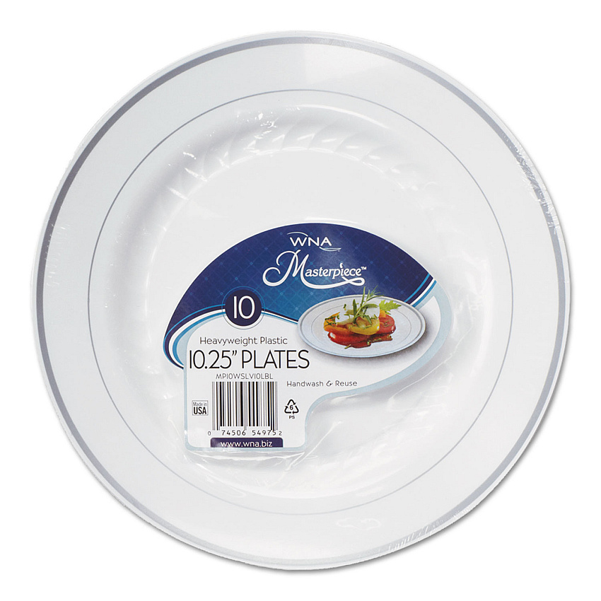 WNA Masterpiece Plastic Plates, 10.25" dia, White/Silver, 10/Pack, 12 Packs/Carton (WNARSM101210WS)