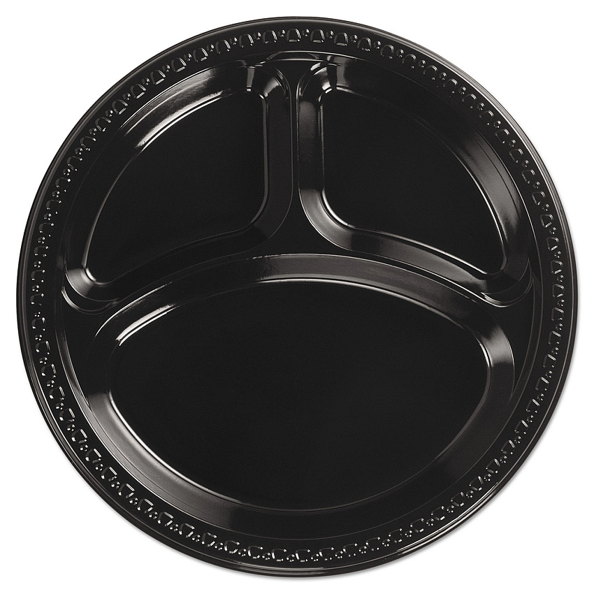 Chinet Heavyweight Plastic 3-Compartment Plates, 10.25" dia, Black, 125/Pack, 4 Packs/Carton (HUH81430)