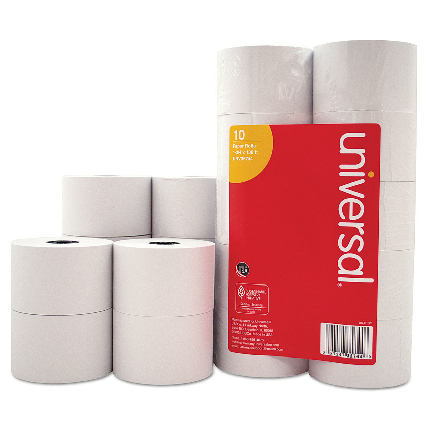 Universal Impact and Inkjet Print Bond Paper Rolls, 0.5" Core, 1.75" x 138 ft, White, 10/Pack (UNV35744)
