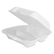 Plastifar Foam Hinged Lid Container Secure One Tab Latch, 3-Compartment, 7.81 x 8.75 x 3.38, White, 100/Sleeve, 2 Sleeves/Bag, 1 Bag/PK (PST12039)