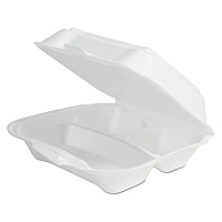 Plastifar Foam Hinged Lid Container Secure One Tab Latch, 3-Compartment, 7.81 x 8.75 x 3.38, White, 100/Sleeve, 2 Sleeves/Bag, 1 Bag/PK (PST12039)