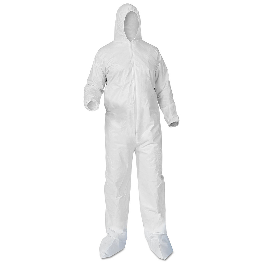 KleenGuard A35 Liquid and Particle Protection Coveralls, Zipper Front, Hood/Boots, Elastic Wrists/Ankles, 4X-Large, White, 25/Carton (KCC38953)