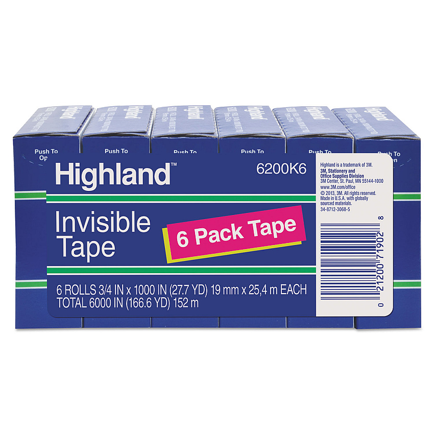 Highland Invisible Permanent Mending Tape, 1" Core, 0.75" x 83.33 ft, Clear, 6/Pack (MMM6200K6)