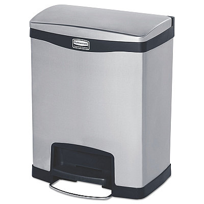 Rubbermaid Commercial Slim Jim Stainless Steel Step-On Container, Front Step Style, 8 gal, Stainless Steel, Black (RCP1901985)