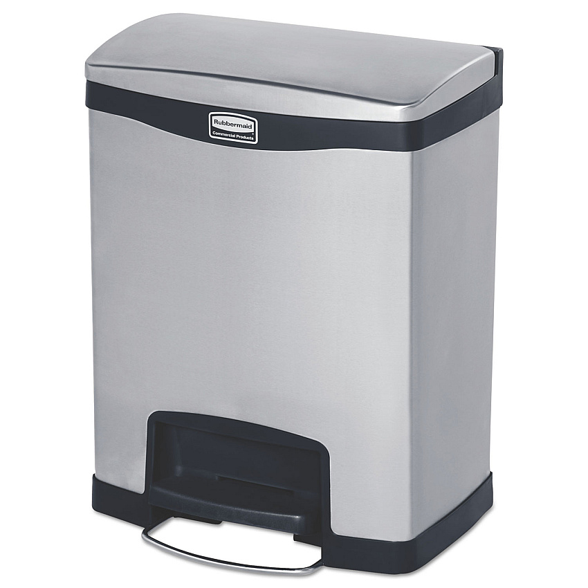 Rubbermaid Commercial Slim Jim Stainless Steel Step-On Container, Front Step Style, 8 gal, Stainless Steel, Black (RCP1901985)