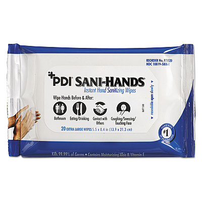 Sani Professional PDI Sani-Hands Instant Hand Sanitizing Wipes, 1-Ply, 5.5 x 8.4, White, 20/Pack, 48 Packs/Carton (P71520)