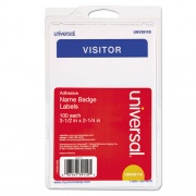 Universal "Visitor" Self-Adhesive Name Badges, 3 1/2 x 2 1/4, White/Blue, 100/Pack (39110)